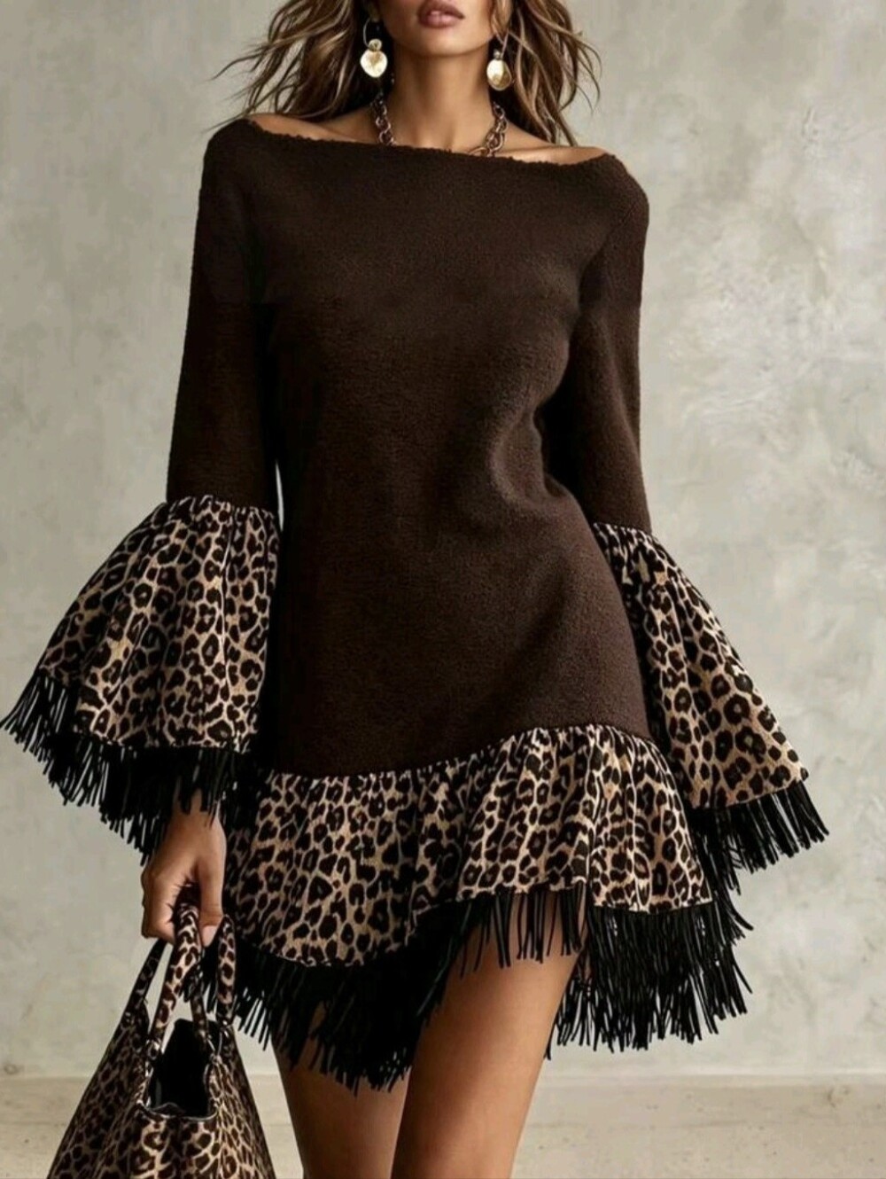 Woven Long Sleeve Brown Fleece Patchwork Leopard Print, Hem Tassel Design, Women